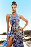 Blue Mermaid Sequin Halter Evening Dress with Slit