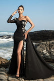 Black Sequin Mermaid One-Shoulder Evening Dress with Slit