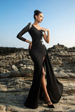 Black Sequin Mermaid One-Shoulder Evening Dress with Slit