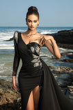 Black Sequin Mermaid One-Shoulder Evening Dress with Slit