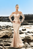 Champagne Mermaid Beaded Corset Evening Dress with Bare Shoulders