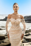 Champagne Mermaid Beaded Corset Evening Dress with Bare Shoulders