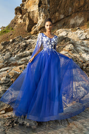 Royal Blue Appliqué Tulle Evening Dress
