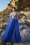Royal Blue Appliqué Tulle Evening Dress