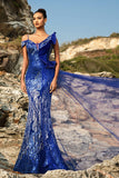 Glitter Royal Blue Mermaid Evening Dress with Streamer