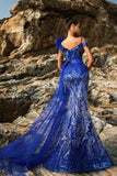 Glitter Royal Blue Mermaid Evening Dress with Streamer