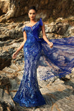 Glitter Royal Blue Mermaid Evening Dress with Streamer