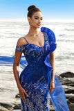 Glitter Royal Blue Mermaid Evening Dress with Streamer