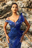 Glitter Royal Blue Mermaid Evening Dress with Streamer