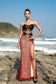 Burgundy Strapless Mermaid Evening Dress with Slit