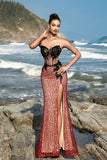 Burgundy Strapless Mermaid Evening Dress with Slit