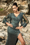 Mermaid Sparkly Green 3/4 Sleeve Evening Dress