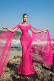 Fuchsia Sequin Mermaid Evening Dress with Cape Sleeves