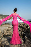Fuchsia Sequin Mermaid Evening Dress with Cape Sleeves