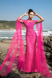 Fuchsia Sequin Mermaid Evening Dress with Cape Sleeves