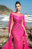 Fuchsia Sequin Mermaid Evening Dress with Cape Sleeves