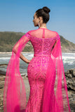 Fuchsia Sequin Mermaid Evening Dress with Cape Sleeves
