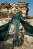Sparkly Dark Green Mermaid Evening Dress with Cape Sleeves