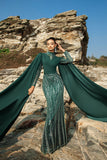 Sparkly Dark Green Mermaid Evening Dress with Cape Sleeves