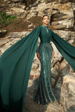 Sparkly Dark Green Mermaid Evening Dress with Cape Sleeves