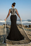 Black Mermaid Evening Dress with Detachable Cape