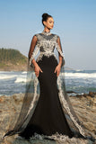 Black Mermaid Evening Dress with Detachable Cape