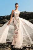 Shimmer Blush Spaghetti Strap Mermaid Evening Dress with Cape