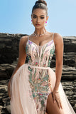 Shimmer Blush Spaghetti Strap Mermaid Evening Dress with Cape