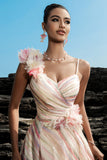 Apricot Sequin Evening Dress with 3D Flowers