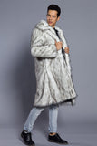 White Grey Long Front Open Polo Collar Fur Coat