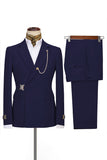 Navy Buckled 2 Piece Notched Lapel Slim Fit Men's Suits with Chain