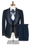 Luxury Slim Fit Beaded Shawl Lapel Navy 3 Piece Men's Suits