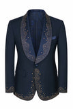 Luxury Slim Fit Beaded Shawl Lapel Navy 3 Piece Men's Suits