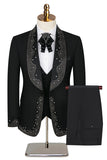 Luxury Slim Fit Beaded Shawl Lapel Navy 3 Piece Men's Suits