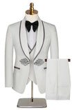 Shawl Lapel Slim Fit Jacquard 3 Piece White Men's Wedding Suits