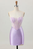 Lilac Beaded Strapless Corset Short Satin Graduation Dress