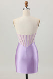 Lilac Beaded Strapless Corset Short Satin Graduation Dress