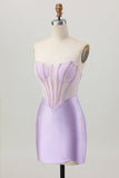 Lilac Beaded Strapless Corset Short Satin Graduation Dress