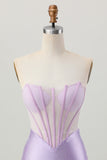 Lilac Beaded Strapless Corset Short Satin Graduation Dress