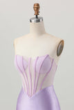 Lilac Beaded Strapless Corset Short Satin Graduation Dress