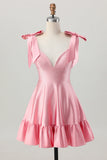 Blush Pink A Line V-Neck Satin Graduation Dress with Bows