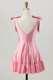 Blush Pink A Line V-Neck Satin Graduation Dress with Bows