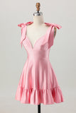 Blush Pink A Line V-Neck Satin Graduation Dress with Bows