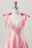 Blush Pink A Line V-Neck Satin Graduation Dress with Bows