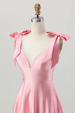 Blush Pink A Line V-Neck Satin Graduation Dress with Bows