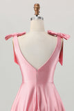Blush Pink A Line V-Neck Satin Graduation Dress with Bows