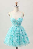 Blue Green A Line Tiered Print Corset Mini Graduation Dress with Ruffle Skirt