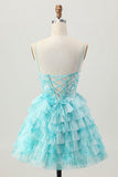 Blue Green A Line Tiered Print Corset Mini Graduation Dress with Ruffle Skirt