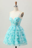 Blue Green A Line Tiered Print Corset Mini Graduation Dress with Ruffle Skirt