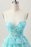 Blue Green A Line Tiered Print Corset Mini Graduation Dress with Ruffle Skirt